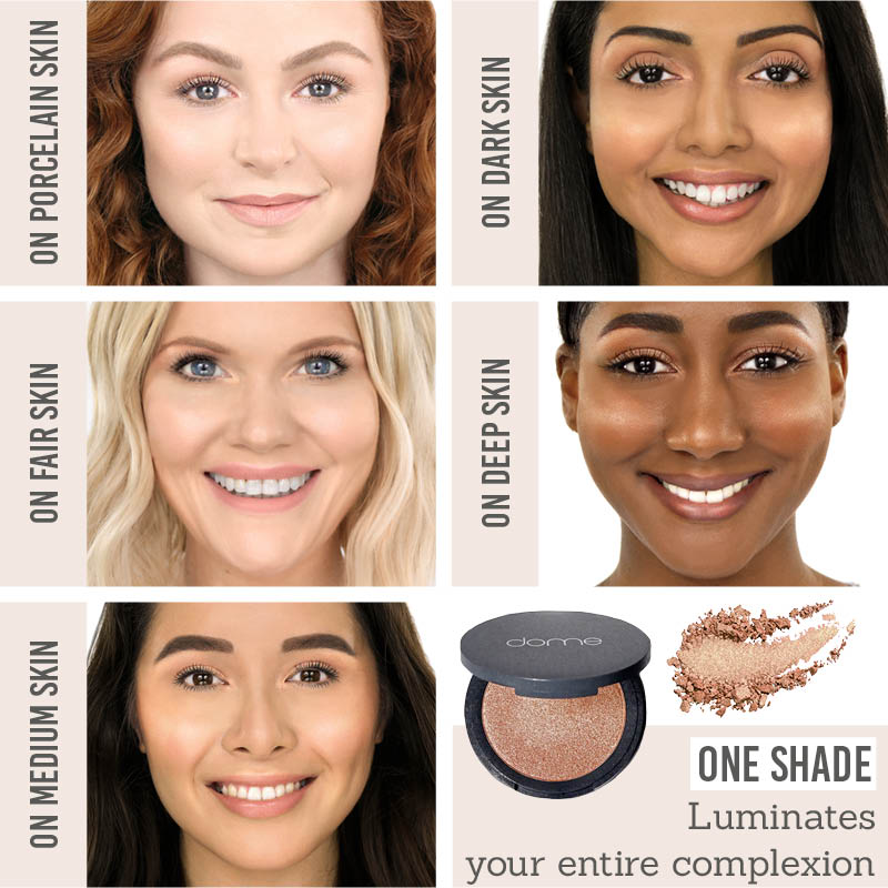 Dome Beauty Luminary Glow Powder Highlighter on different skin tones