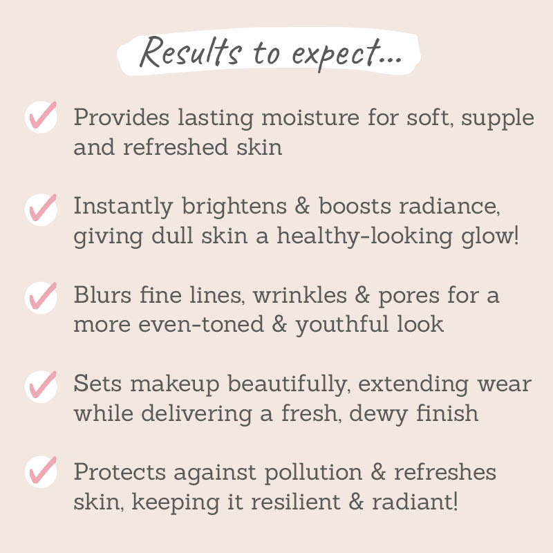 Results to expect: supple & refreshed skin,  boosts radiance, blurs fine lines & pores, sets makeup with a dewy finish, protects against pollution