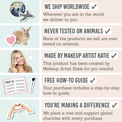 Shipping worldwide, never tested on animals, created by a makeup artist, free how-to guide, charities and perks