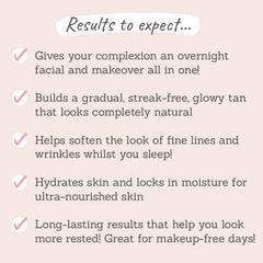 Results to expect: gives your complexion an overnight facial and makeover, builds graducal, streak-free, glowy tan, soften the look of fine lines, hydrates skin, long lasting results 