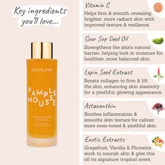 Leahlani Pamplemousse Replenishing Body Oil key ingredients - vitamin C, sour sop seed oil, lupin seed extract, astaxanthin, exotic extracts