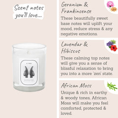 LIHA Queen Idia Candle - Key Ingredients: geranium & frankincense, lavender & hibiscus, african moss 