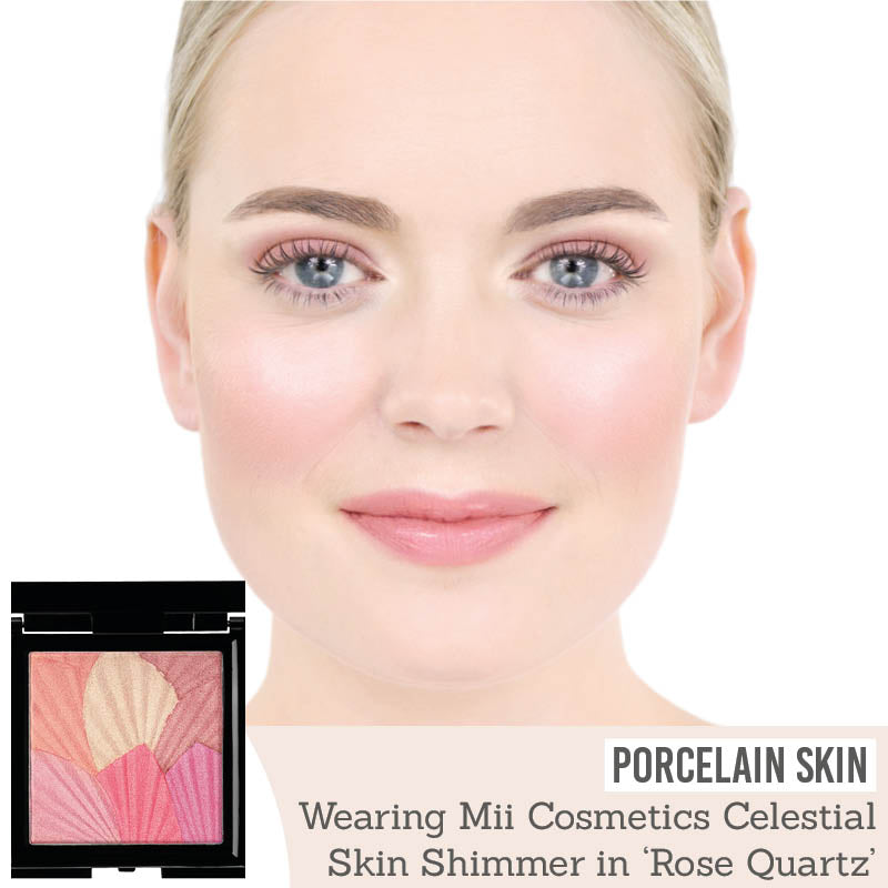 Mii Cosmetics Celestial Skin Shimmer in Rose Quartz on porcelain skin