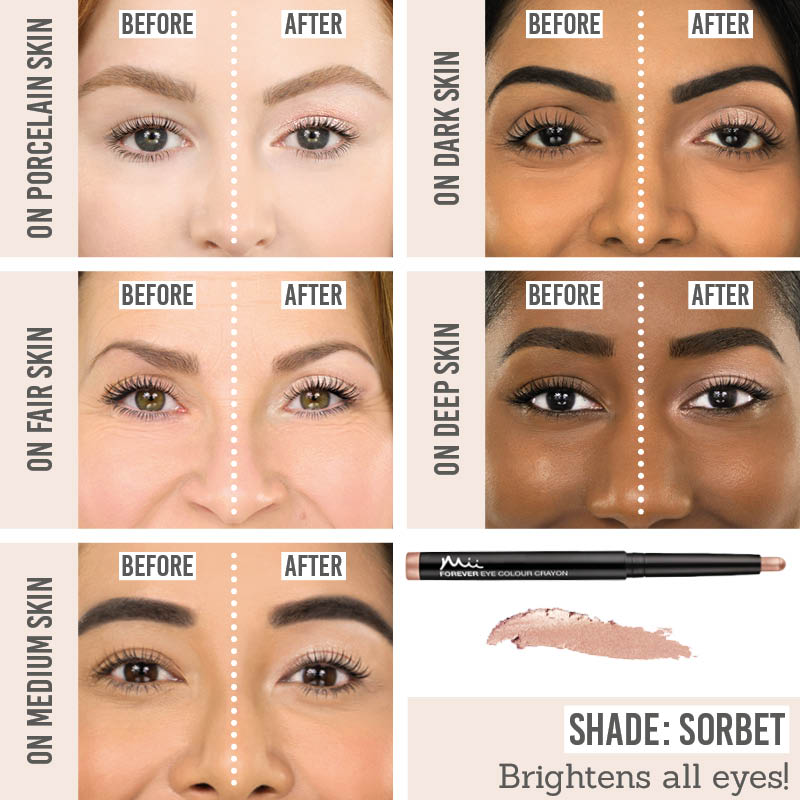 Mii Cosmetics Forever Eye Crayon in Sorbet before and after results on different skin tones
