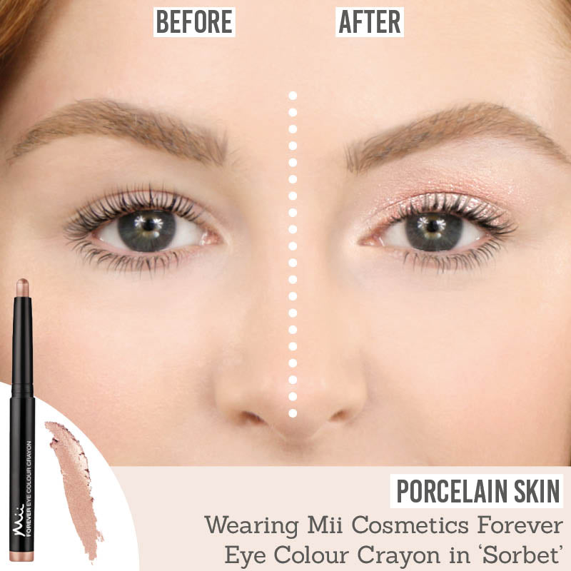 Mii Cosmetics Forever Eye Crayon in Sorbet before and after results on porcelain skin
