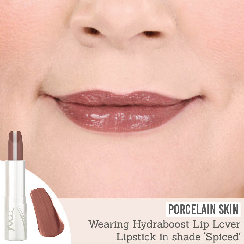 Mii Cosmetics Hydraboost Lip Lover Lipstick in shade 'Spiced' on porcelain skin