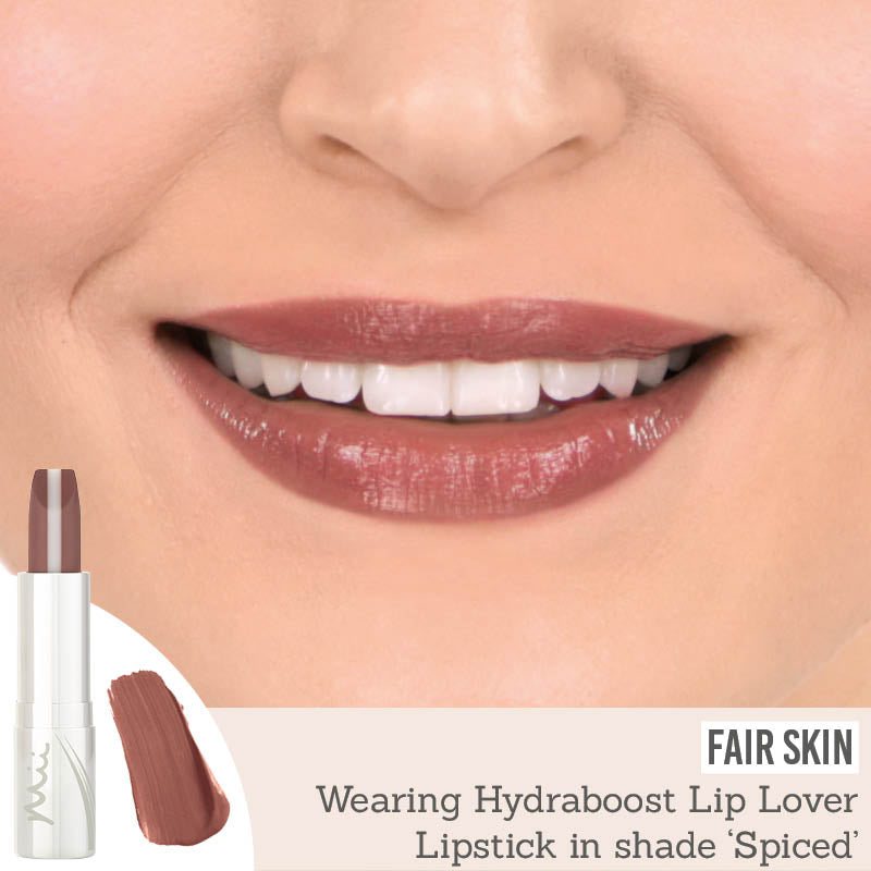 Mii Cosmetics Hydraboost Lip Lover Lipstick in shade 'Spiced' on fair skin