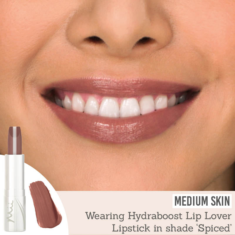 Mii Cosmetics Hydraboost Lip Lover Lipstick in shade 'Spiced' on medium skin