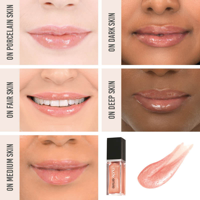 Nude Envie Lip Gloss in Whisper on different skin tones