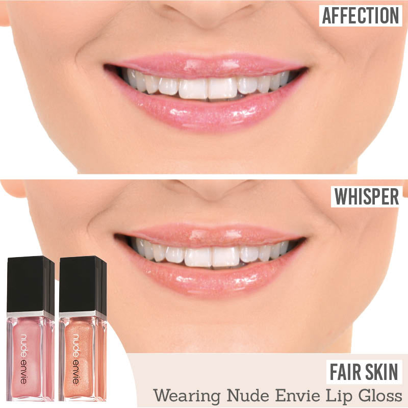 Nude Envie Lip Gloss in Affection & Whisper on fair skin