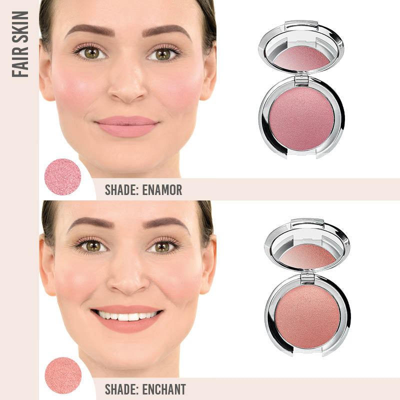 Nude Envie Powder Blush in Enamor and Enchant on fair skin