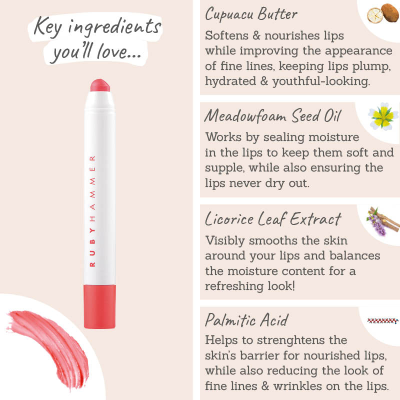 Ruby Hammer Coral Lip Serum Balm key ingredients - cupacau butter, meadowfoam seed oil, liquorice leaf extract, palmitic acid