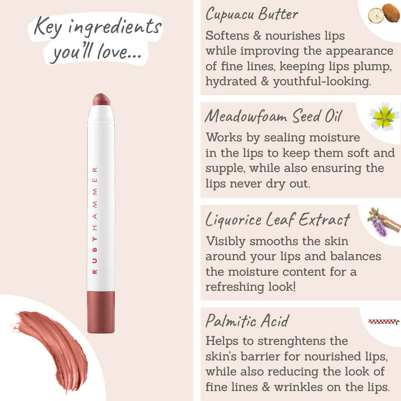 Ruby Hammer Deep Nude Lip Serum Balm key ingredients - cupuacu butter, meadofoam seed oil, liquorice leaf extract, palmitic acid