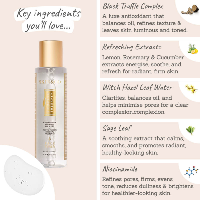 Skin & Co Truffle Therapy Face Toner key ingredients - black truffle complex, refreshing extracts, witch hazel leaf water, sage leaf, niacinamide