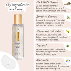 Skin & Co Truffle Therapy Face Toner key ingredients - black truffle complex, refreshing extracts, witch hazel leaf water, sage leaf, niacinamide
