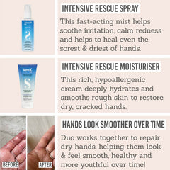 Sorted Skin Intensive Rescue Spray and Moisturiser Duo key benefits - intensive rescue spray, intensive rescue moisturiser, hands look smoother over time