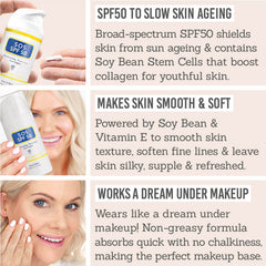 SOS SPF50 Sun Cream for Face and Neck key benefits - spf50 to slow skin ageing, makes skin smooth & soft, perfect under make