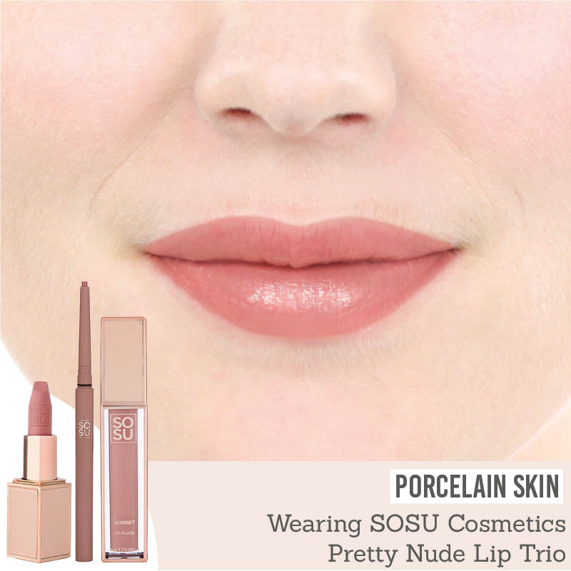 SOSU Cosmetics Pretty Nude Lip Trio on porcelain skin