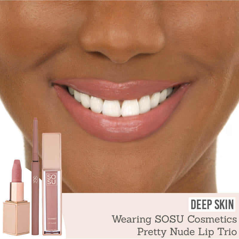 SOSU Cosmetics Pretty Nude Lip Trio on deep skin