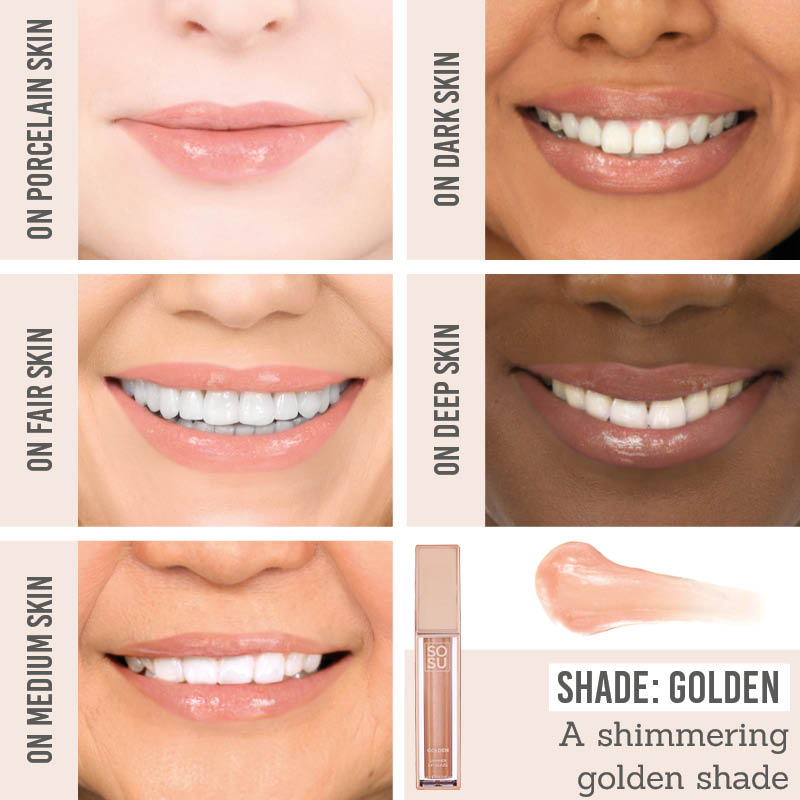 SOSU Shimmer Lip Glaze Duo in shade Golden on different skin tones
