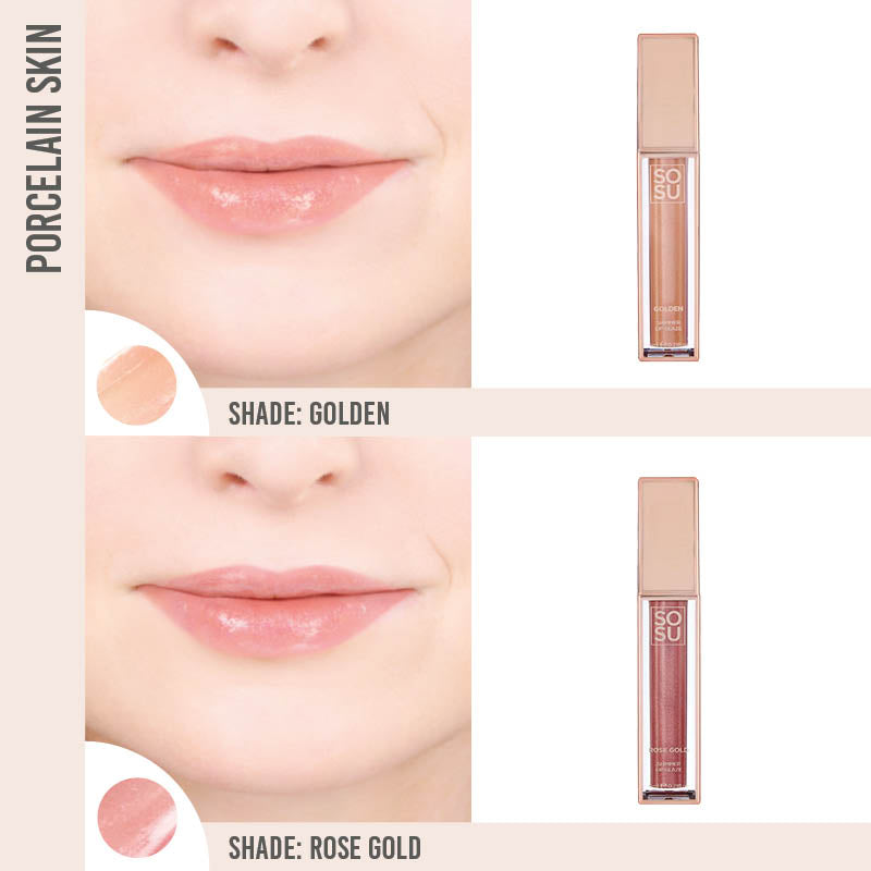 SOSU Shimmer Lip Glaze Duo on porcelain skin