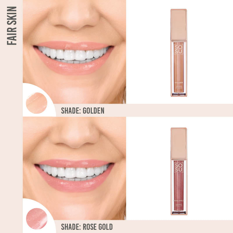 SOSU Shimmer Lip Glaze Duo on fair skin