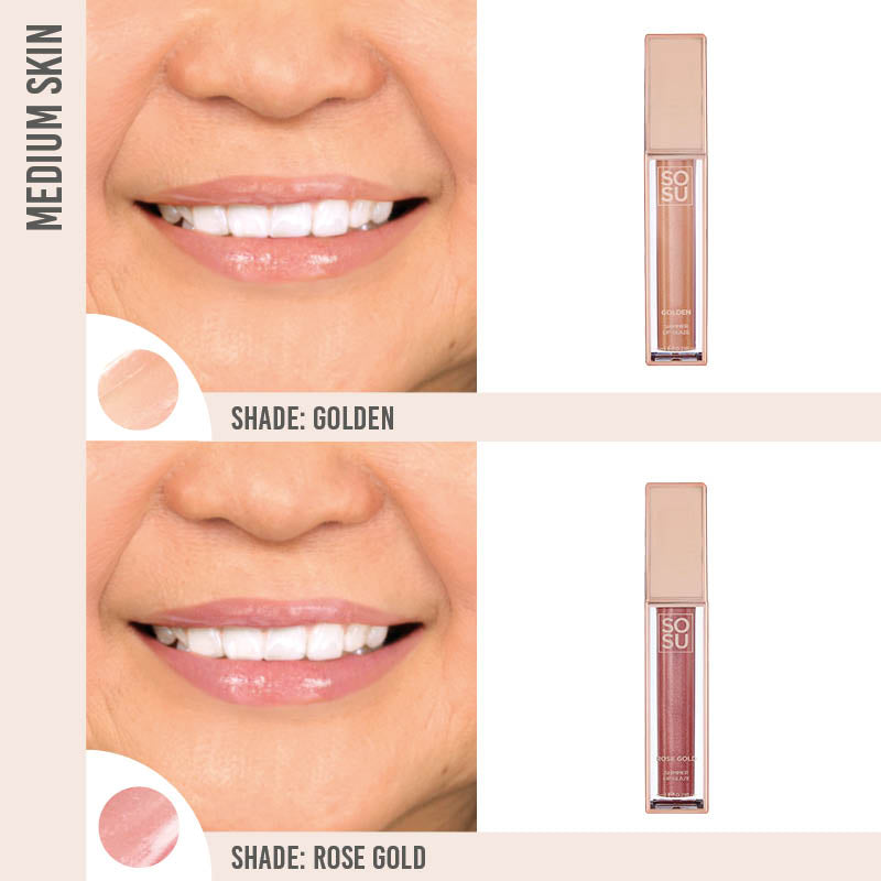 SOSU Shimmer Lip Glaze Duo on medium skin