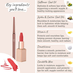 SOSU Perfect Red Lip Duo Key Ingredients - safflower, jojoba & castor seed oils, vitamin e, dimethicone, candelilla wax 