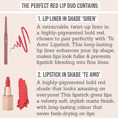 SOSU Perfect Red Lip Duo contains lip liner in shade 'Siren' and lipstick in shade 'Te Amo'