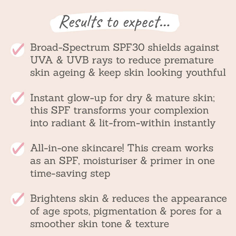 Studio 10 Hydra Peptide Fusion Daily Defence SPF30 Moisturiser results to expect - shields against UVA & UVB rays, keeps skin looking youthful, makes dry and mature skin glow, all-in-one skincare, brightens skin