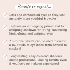 Results to expect: lifts and contours eyes to look youthful, shadows help define eyes, creates natural to smokey eye looks, long-lasting shadows!