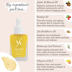 Vani-T Luxe Elixir Face Oil - Key Ingredients: jojoba & almond oil, rosehip oil, sea buckthorn oil, rosemary leaf extract, vitamins a & c