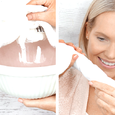 Soak cleansing cloth in warm water & squeeze out excess